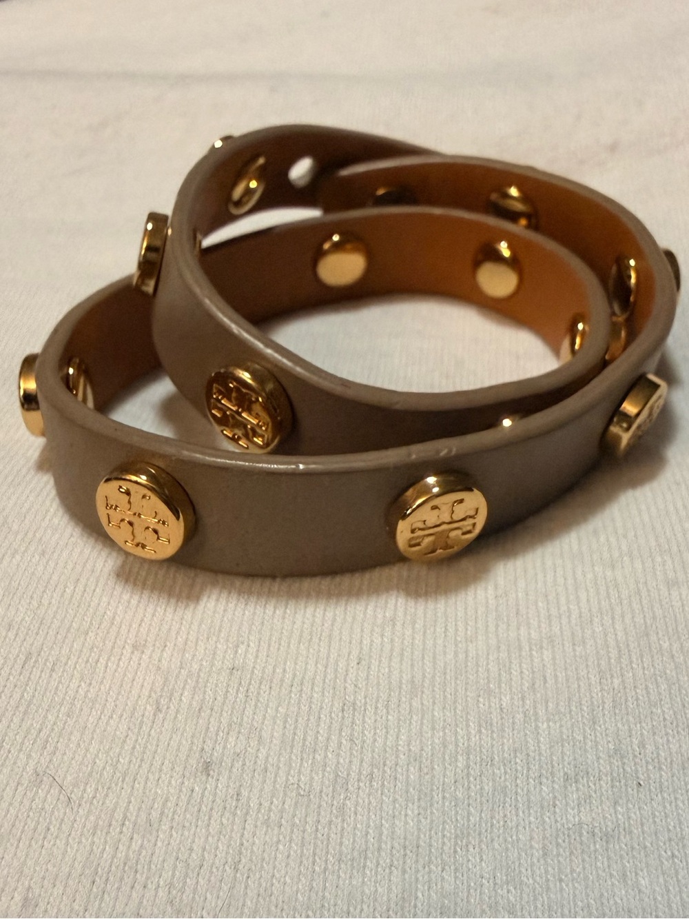 Tory Burch Gray Leather Adjustable Wrap Bracelet w/ Gold Tone Logo Snap Closure